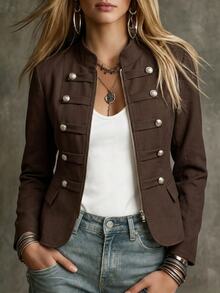 LUMIGAL Winter Women's Solid Color Double-Breasted Zipper Casual Daily Long Sleeve Jacket - Coffee Brown - View 1