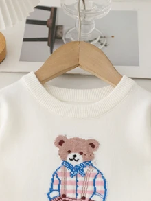 SHEIN 女童秋冬新款白色卡通重磅刺繡泰迪熊圓領落肩長袖針織毛衣 + 粉色可愛短百褶裙針織套裝，柔軟舒適面料，適合春秋單穿、冬季疊穿，適用於假期、出遊、聚會、觀光、購物、休閒穿著 - 粉色 - 查看 4