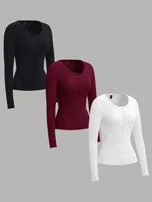 SHEIN EZwear 休閒極簡風黑白酒紅三色針織多件套大尺碼女款開領長袖T恤套衫，適合秋冬 - 彩色 - 查看 3