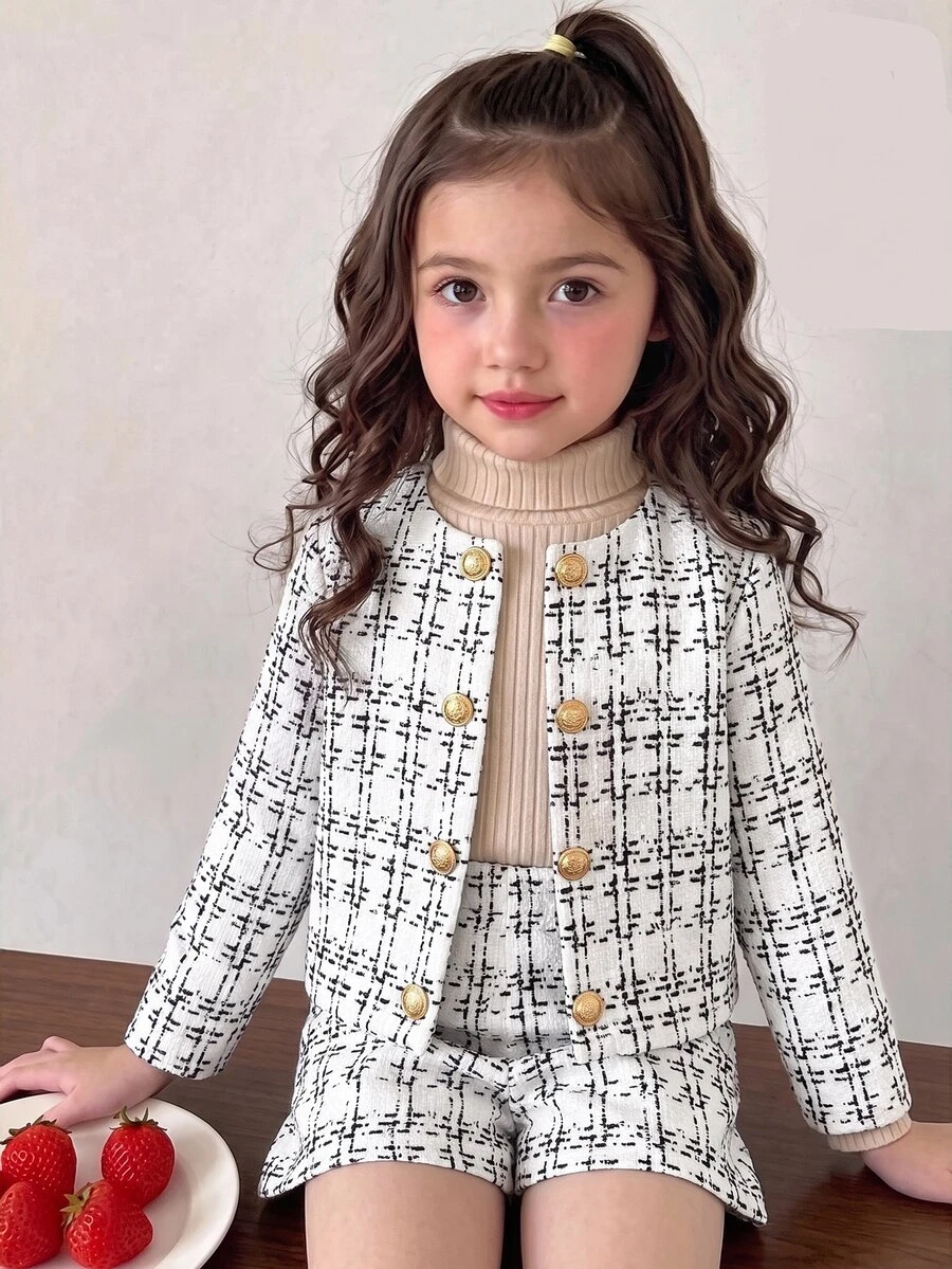 SHEIN 女童格紋長袖夾克與短褲套裝 - 白色 - 查看 1