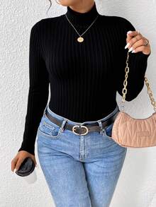 SHEIN CURVE+ Plus Size Black Ribbed Turtleneck Long Sleeve T-Shirt, Suitable For Autumn/Winter, Christmas, New Year - Black - View 4
