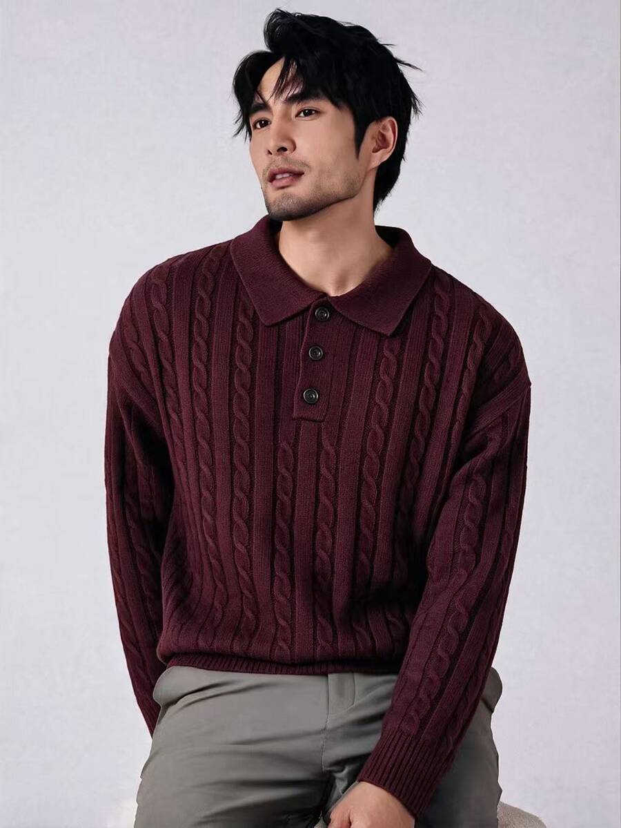 Claim Dot Men's Solid Color Cable Polo Collar Casual Long Sleeve Pullover Sweater , Fall/Winter - Burgundy - View 1
