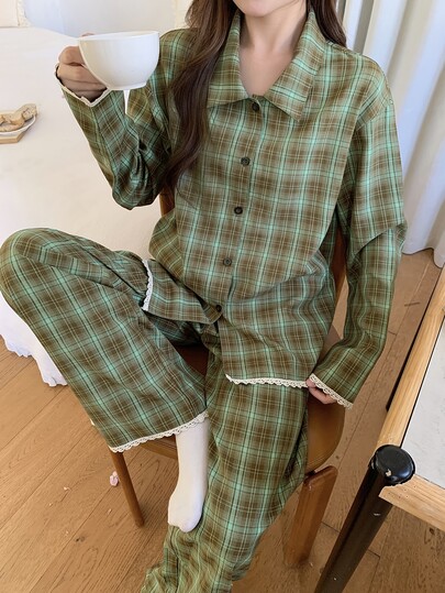 DAZY 2pcs/Set Women's Lace Patchwork Plaid Loose Shirt Top & Straight Long Pajama Pants Sleepwear Set