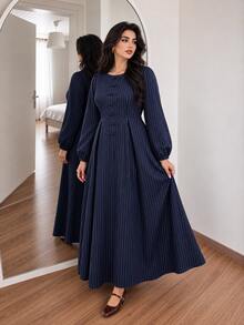 Solavon Plus Size Striped Colorblock Frog Button Long Sleeve Dress - Navy Blue - View 5