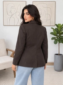 Solavon Plus Size Elegant Button Long Sleeve Blazer - Coffee Brown - View 2