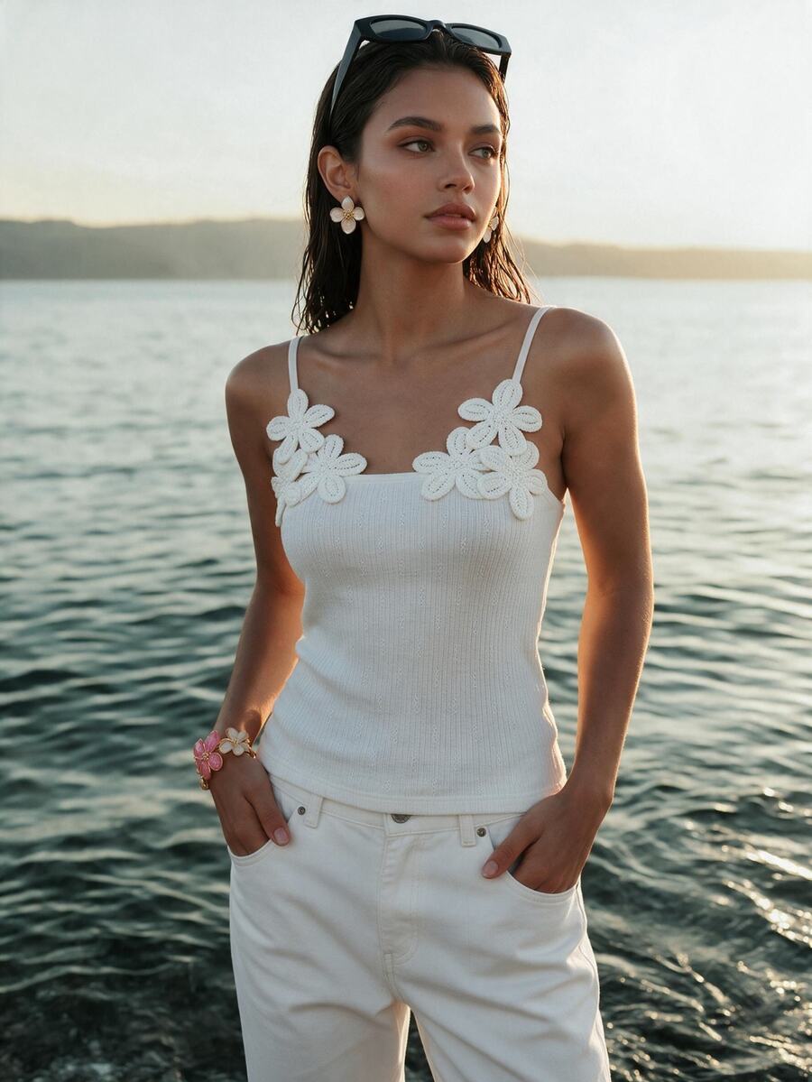 CAJUNI Women's 3D Floral Decor Vacation Camisole - White - View 1