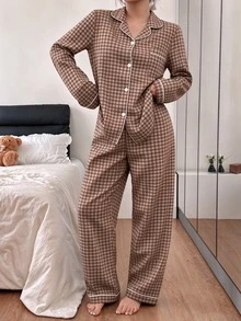Napfluff 泡泡紋理格紋領上衣與長褲睡衣套裝 秋冬服飾 - 彩色 - 查看 3