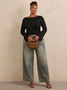 Travachic CURVE+ Black Open Shoulder Long Sleeve Thermal Base Layer Top, Ruched Waist Fitted Tee, Fall Winter - Black - View 5