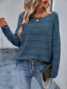 SHEIN LUNE Pointelle Knit Drop Shoulder Knit Pullover Fall Winter Sweater - Dusty Blue - View 4