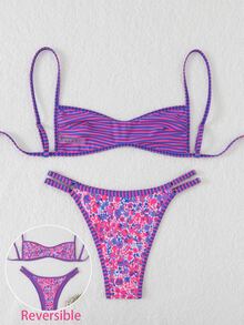 SHEIN Swim 女款沙灘套裝，橘色碎花可反穿條紋微型比基尼抹胸式，時尚休閒度假風可愛性感泳衣套裝 - 彩色 - 查看 4