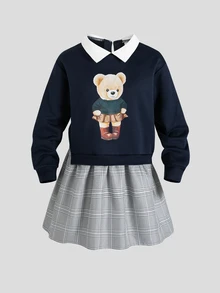 SHEIN Tween Girl Knitted Cute Cartoon Bear Pattern Collared Patchwork Woven Plaid Hem Casual Dress - Multicolor - View 1