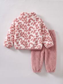 SHEIN Baby Girl Leopard Print Long Sleeve Autumn Winter Jacket And Pants Casual Daily Outfit - Pink - View 2