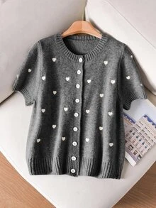 CosyJoli 大尺碼女款愛心刺繡圓領短袖單排扣休閒可愛仙氣針織開襟衫 秋季 正式約會之夜派對 米色 冬季 - 灰色 - 查看 5