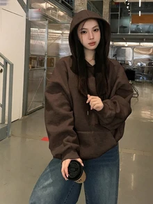 DAZY 女款秋冬連帽水鑽韓風長袖運動衫 - 咖啡棕 - 查看 2