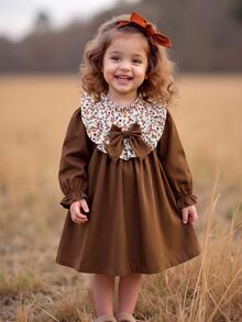 SHEIN Baby Girl Patchwork Floral Frill Trim Stand Collar Bow Decor Cute Dress - Brown - View 3