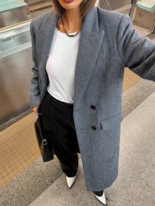 Siren Gaze 女款純色極簡休閒長袖大衣，冬季、秋季 - 藏蓝色 - 查看 4