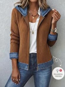 Holdful Holdful Women's Denim Effect Print Patchwork Ribbed Long Sleeve Hooded Zip-Up Jacket, Elegant Casual Daily Wear For Autumn, Winter, Spring - Multicolor - View 1