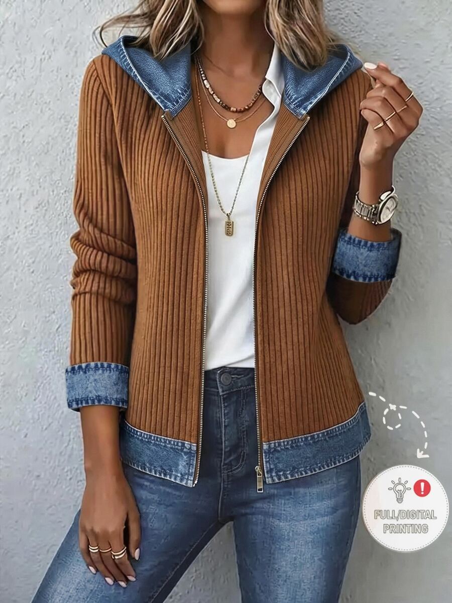 Holdful Holdful Women's Denim Effect Print Patchwork Ribbed Long Sleeve Hooded Zip-Up Jacket, Elegant Casual Daily Wear For Autumn, Winter, Spring - Multicolor - View 1