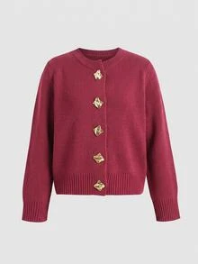SHEIN 少女女孩寬鬆休閒金屬鈕扣圓領前開襟素色米色優雅秋季針織衫 - 酒紅色 - 查看 5