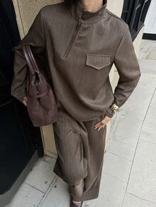 Livesso Women's Half-Zip Long Sleeve Top And Pants Casual Two Pieces Set - Coffee Brown - View 5