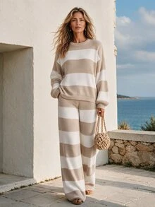 Faunlyn Women's Casual Striped Crew Neck Long Sleeve Sweater And Knit Pants Lounge Set - Multicolor - View 3