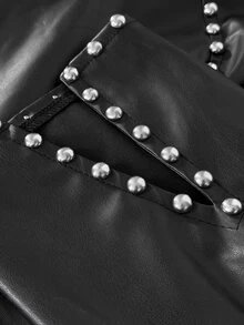 Maweii Plus Size Women's Autumn/Winter Black Rivet Short Leather Jacket, Stand Collar Front Zipper Split Long Sleeve Cinched Waist Slim Fit Sexy Short Leather Coat - Black - View 7