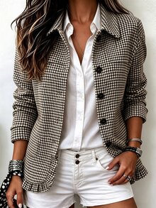 LUMIGAL Autumn/Winter Vintage Elegant Brown Houndstooth Fabric Lapel Long Sleeve Loose Fit Women's Jacket With Ruffle Hem - Multicolor - View 1