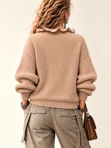 SHEIN PariChic Women's Autumn/Winter Ruffle V-Neck Knit Sweater, Solid Color Loose Elegant Outfit - Pink - View 2