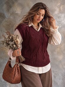 Ceyna Plus Size Women Solid Color Casual Daily Wear Knit Top - Burgundy - View 5