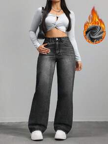 SHEIN ICON 大尺碼女款寬鬆休閒復古牛仔寬腿褲，附口袋，磨毛牛仔布料，適合秋冬穿著 - 黑色 - 查看 5