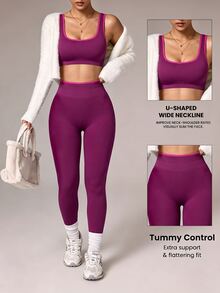 Easithlete Seamless Sports Yoga Leggings Set/Contrast Trim/Fashionable Sexy/Comfortable Versatile - Purple - View 1