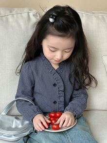 Dazy Kids Young Girl Sweet Ruffle Trim Button Long Sleeve Blouse - Blue - View 4