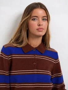 Nöista Knitted Casual Polo Collar Striped Shirt - Blue - View 5