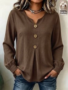 Linhara CURVE Kemeja Kasual Serbaguna untuk Wanita Ukuran Besar, Warna Polos, Cocok untuk Pemakaian Sehari-hari di Musim Gugur - Coffee Brown - View 1