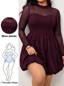 Enliva Plus Size Women's Solid Color Round Neck Long Sleeve Mesh Fashion Dress/Autumn /Winter Fall - Red Violet - View 1