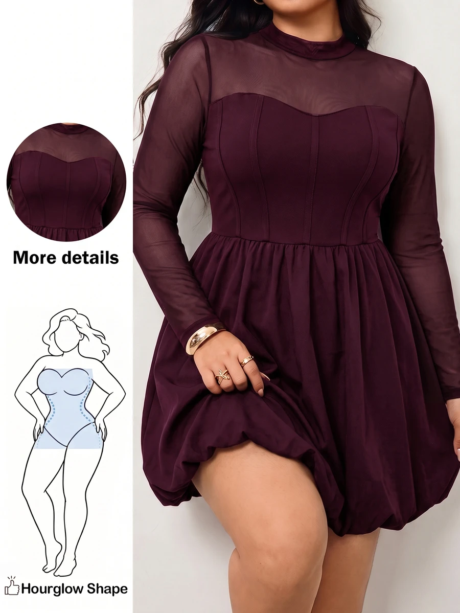 Enliva Plus Size Women's Solid Color Round Neck Long Sleeve Mesh Fashion Dress/Autumn /Winter Fall - Red Violet - View 1