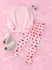 THE POWERPUFF GIRLS X SHEIN Tween Girl Cartoon Print Long Sleeve Sweatshirt And Leggings Set - Pink - View 2