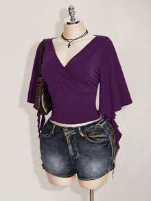SHEIN ICON 女款大尺碼黑色夏季哥德風性感夜店約會派對夜店 T-shirt，復古優雅 V 領荷葉袖修身 Y2K 風格 - 紫色 - 查看 9