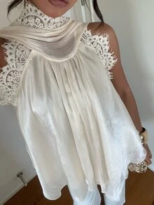 Aloruh 女款蕾絲拼接百褶休閒百搭掛脖上衣 - 杏色 - 查看 3