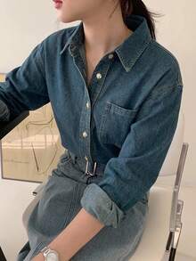 DAZY Light Wash Blue Collared Pocket Loose Long Sleeve Denim Shirt Spring Summer Autumn - Blue - View 3