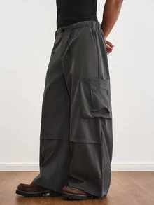 TOKVUE Celana Kargo Pria Minimalis dengan Kancing dan Tali Serut - Dark Grey - View 5