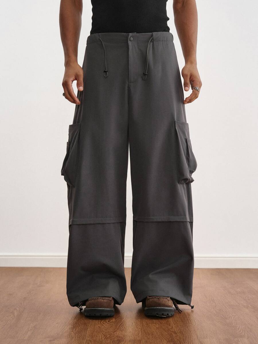 TOKVUE Celana Kargo Pria Minimalis dengan Kancing dan Tali Serut - Dark Grey - View 1