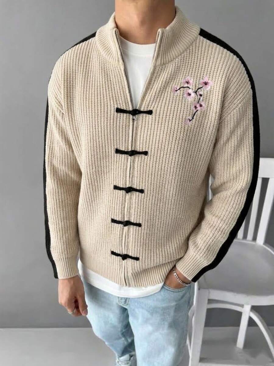 Manfinity Hypemode Men's Contrast Color Floral Embroidered Pattern Casual Daily Cardigan - Apricot - View 1
