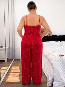 Napfluff CURVE Napfluff CURVE Plus Size Women's 3 Pieces Pajama Set, Knitted Ribbed Fabric With Heart Print And Contrast Lace, Red Cute Sweet Sexy Camisole, Long Pants And Robe, Wearable As Loungewear - Red - View 3
