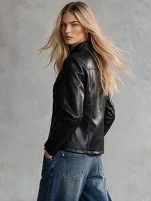 Trelyra European And American Style Autumn/Winter New Fashion Versatile PU Leather Elegant Commuter Metal Zipper & Embroidery Decor Design Leather Jacket - Black - View 3