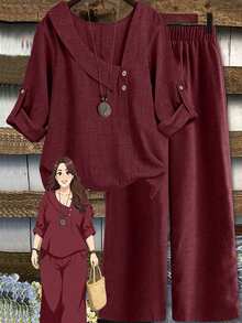 Linhara 大尺碼女款春夏雙色編織不對稱領可轉換袖長袖休閒襯衫 + 鬆緊腰寬鬆休閒長褲 2件套 - 酒紅色 - 查看 1