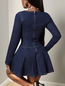 BamGleam Women's Beaded Design Sweetheart Neckline Long Sleeve Fashion Denim Dress - Dark Wash - View 2