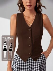 SHEIN Tall 秋冬款高個女款純色鈕扣前襟背心西裝外套 - 咖啡棕 - 查看 6
