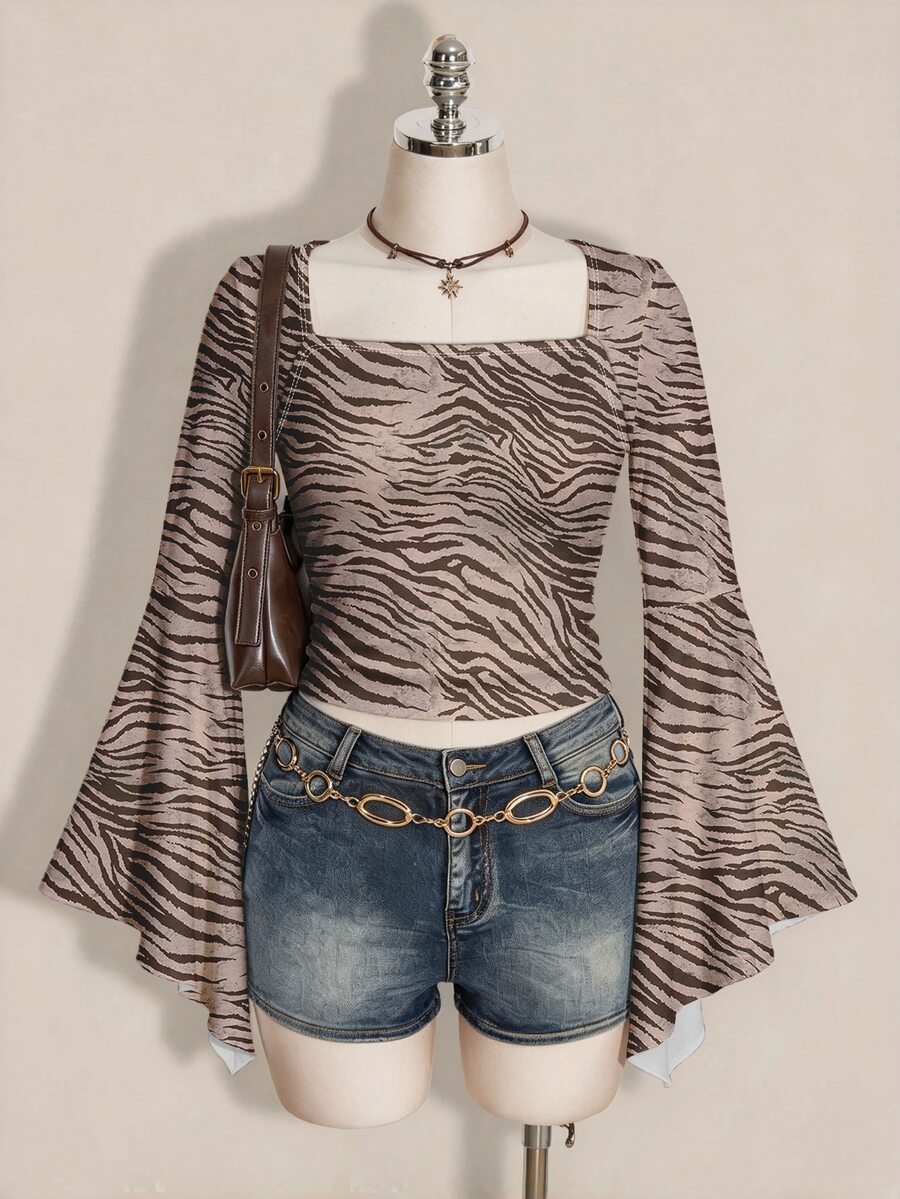 SHEIN ICON 大尺碼女款休閒斑馬紋喇叭袖上衣(秋季款) - 彩色 - 查看 1