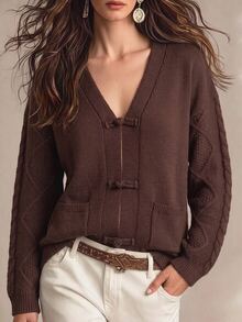 SHEIN New Chinese Style Loose Slouchy V-Neck Frog Button Knit Cardigan - Coffee Brown - View 6